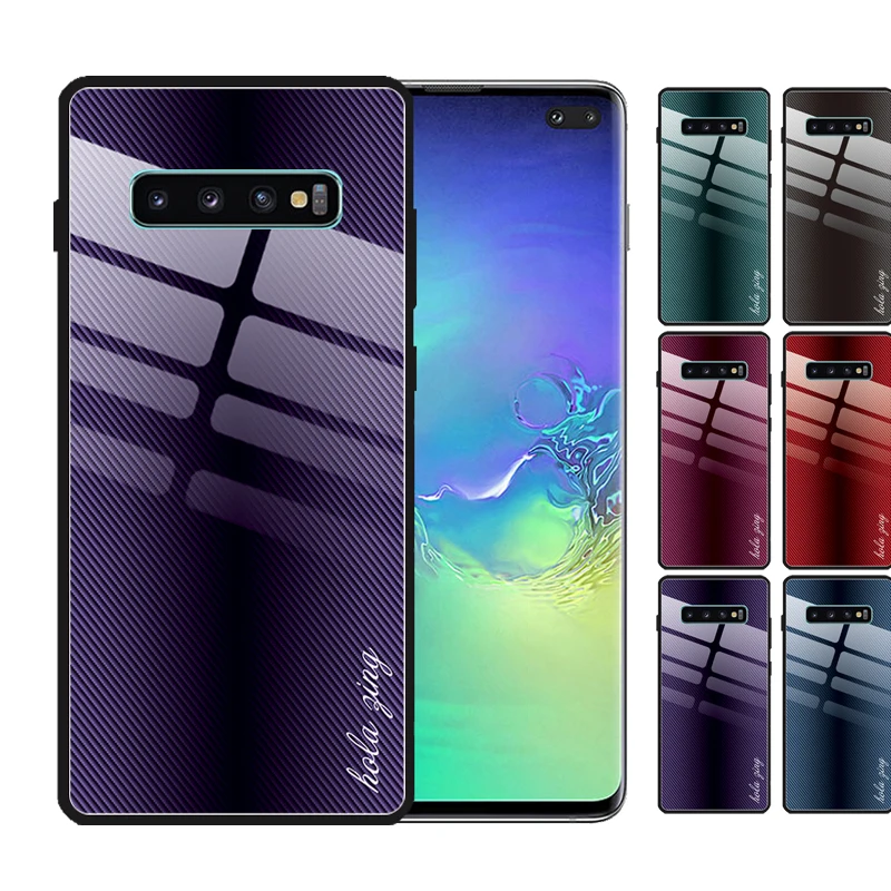 

for Samsung Galaxy S10 Plus S10 5G 10E S9 S8 Note 10 Plus 9 8 Case Gradient Carbon Fiber Printed Quality Tempered Glass Cover