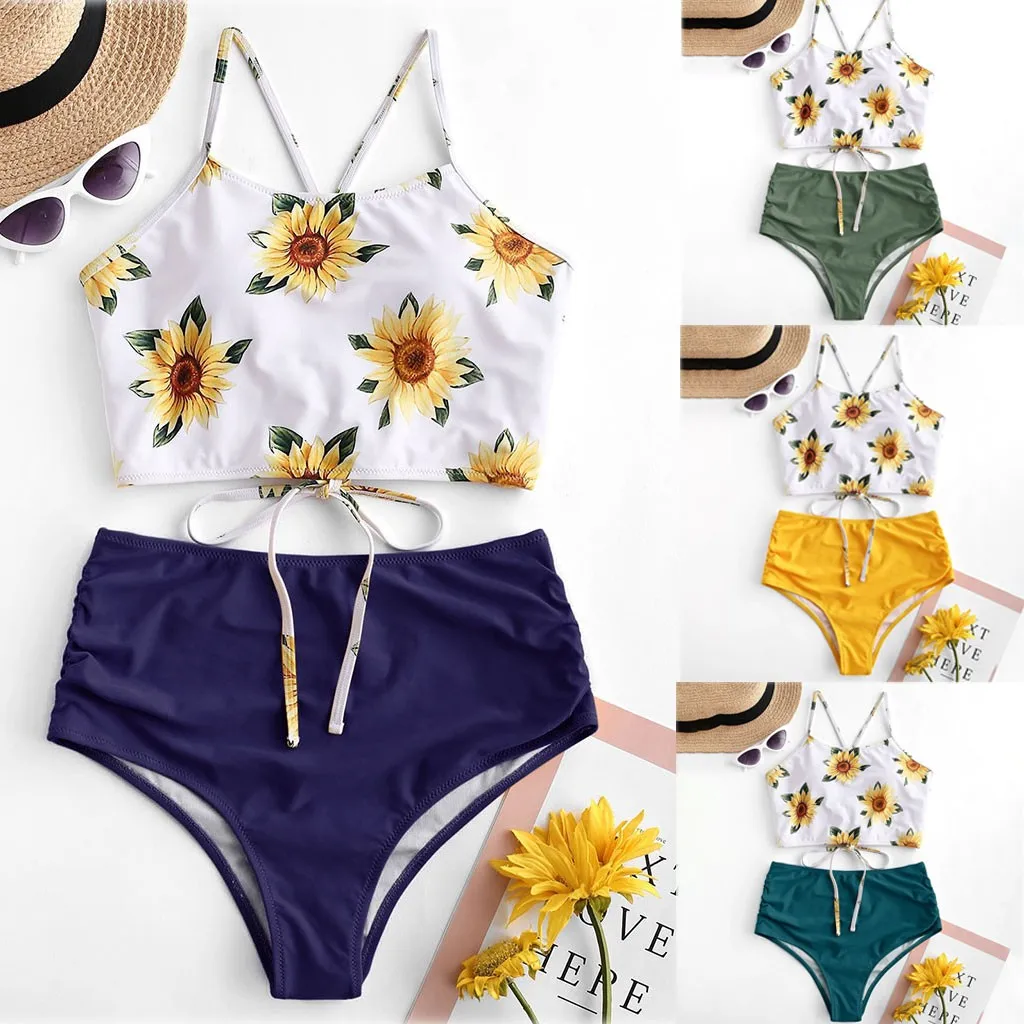 

SAGACE Sunflower Printing Sexy Women Swimwear 2020 Hot Summer Brazilian Bikini Ladies Push-up Solid High Waist Swimsuit Biquini
