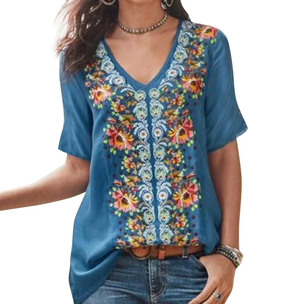 Новые Boho женские винтажные блузки сексуальные V шеи цветочные свободные Облегающая рубашка Топ женские топы с коротким рукавом Блузки пуловер Плюс Размер - Цвет: Синий