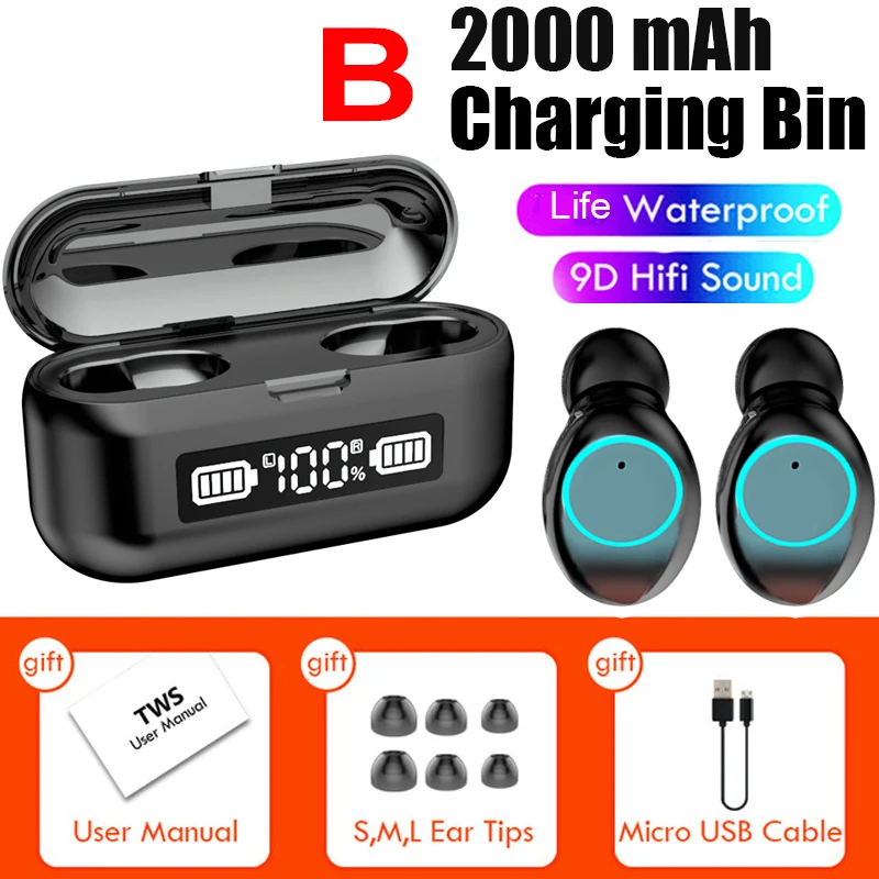 

TWS Bluetooth Headphones Wireless Earphone Stereo Sport Wireless Earphones Touch Mini Earbuds Waterproof with Microphone 2000mAh