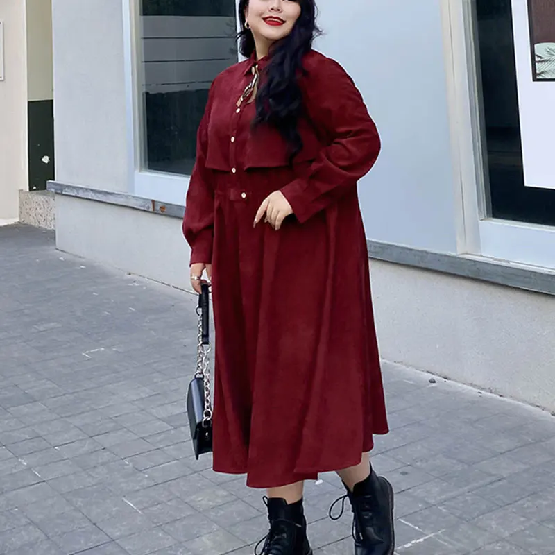 

Oversize Women's Dress Autumn Winter Loose Bow Single Breasted One-Piece Sweet High Waist Corduroy Clothing Fashion 2020