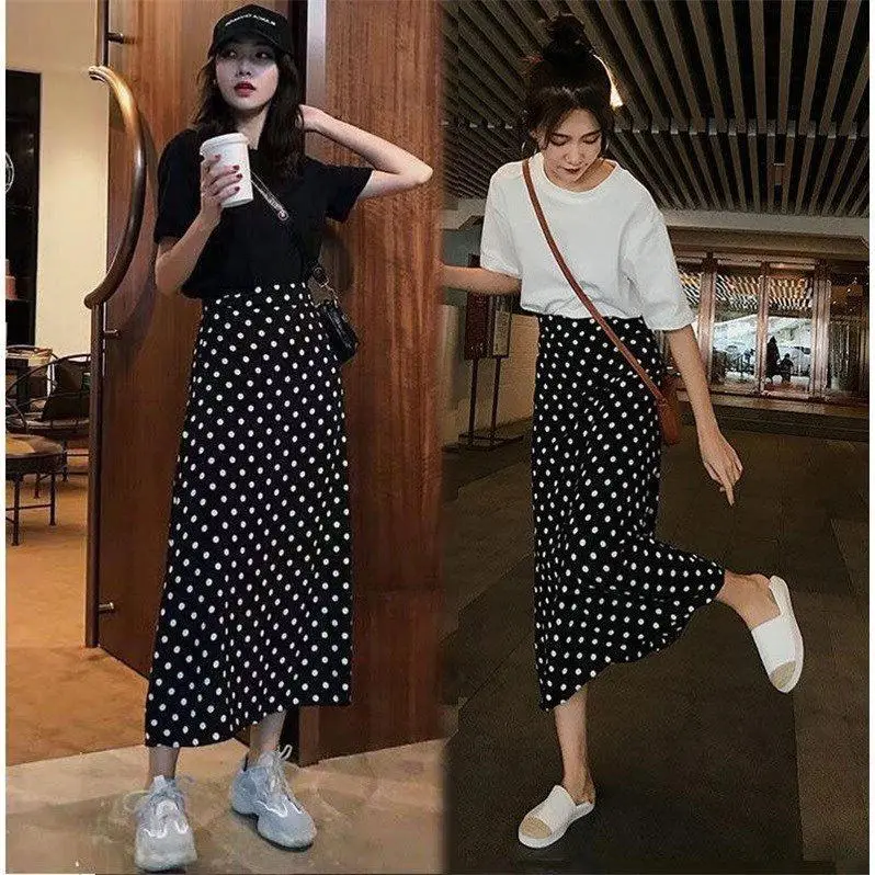 

Song Jong High-waisted Polka Dot Dress Skirt Mid-length Summer 2019 New Style Korean-style Slimming A- line Skirt Long Skirts