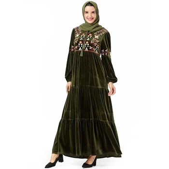 

vestidos Women Ethnic Bow embroidery Velvet Long dress Muslim hijab dress ramadan Robe turkey arabic dubai kaftan abaya dress