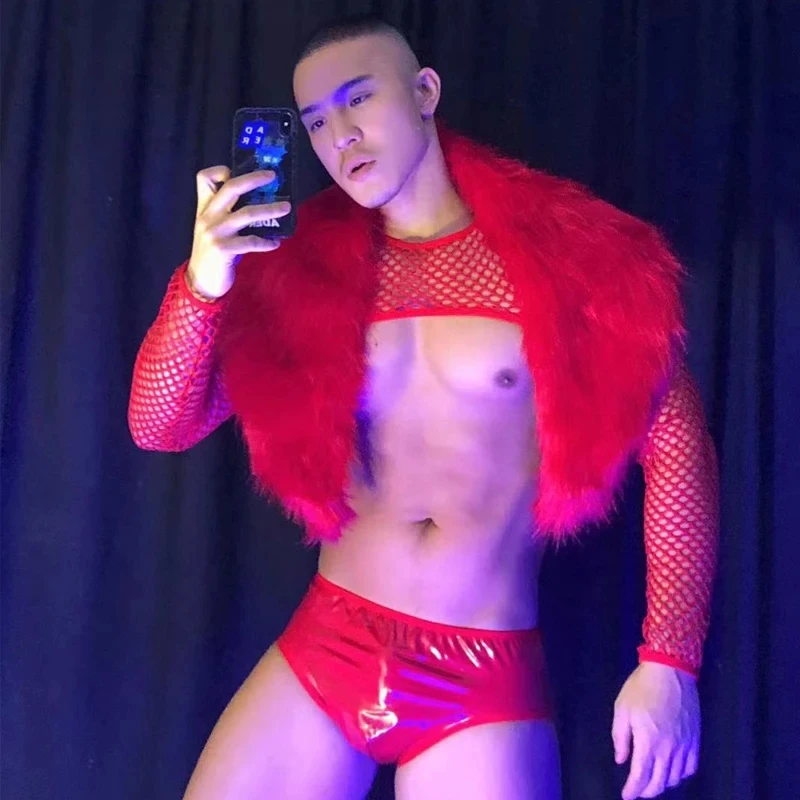 uomo-donna-sexy-gogo-nightclub-bar-natale-capodanno-spettacolo-costume-rosso-imitazione-pelliccia-scialle-pantaloncini-in-pelle-manica-a-spalla-in-rete