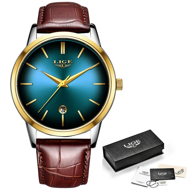 Gold green LIGE, женское платье, часы, Роскошные, для влюбленных, пара, часы для мужчин, дата, водонепроницаемые, для женщин, кожаный ремешок, кварцевые наручные часы, Montre Homme - Цвет: Gold green