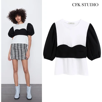 

Za Women T-shirt with Black White Patchwork loose Cotton Top
