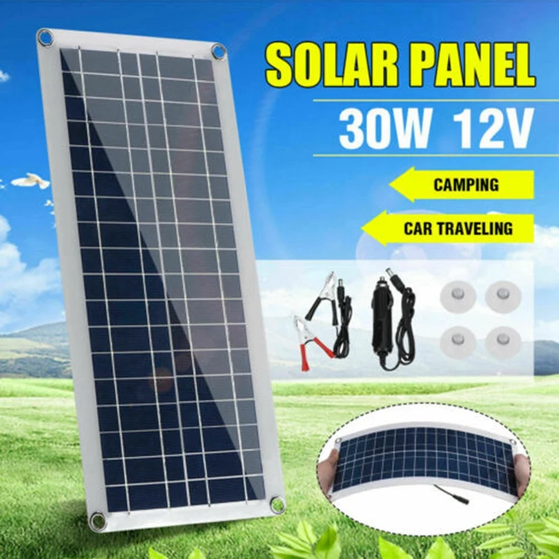 30W 12V Dual USB Flexible Solar Panel Kit Crocodile Clip Outdoor Car Cha9T2 2X 