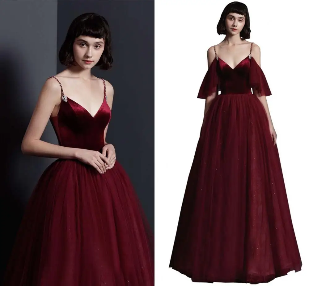 Elegant Off the Shoulder Straps Evening Dresses A-line Tulle Beading Burgundy Prom Party Gowns robe soiree longue femme 2024 New elegant off shoulder sequins long evening prom dresses 2020 a line red formal dresses prom gowns party gala dress robe de soiree