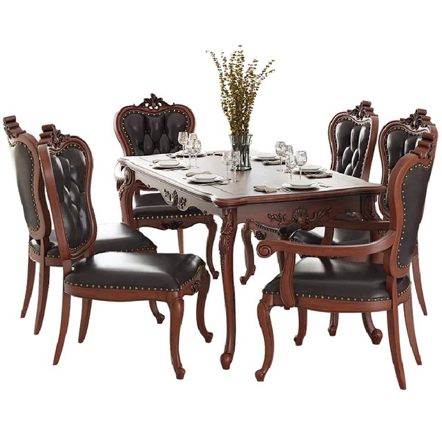 American Solid Wood Leather Dining Table and Chair Combination European
