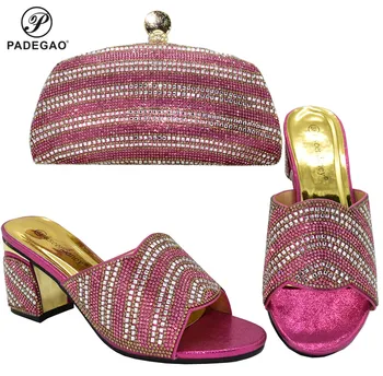 

New Italian Elegant Fuchsia Color Shoes And Bag To Match Set African High Heels Party Shoes And Bag Set with Shinning Crystal
