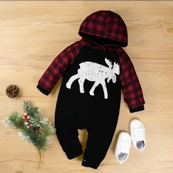 

PatPat New Arrival Autumn and Winter Baby Elk Plaid Hooded Jumpsuit Baby Boy and Girl Clothing One Piece