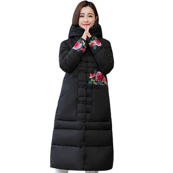

Fashion Winter Cotton Padded Jacket Women Flower Embroidery Thick Female Coat Long Parka Warm Winter Down Jacket Ladies Overcoat
