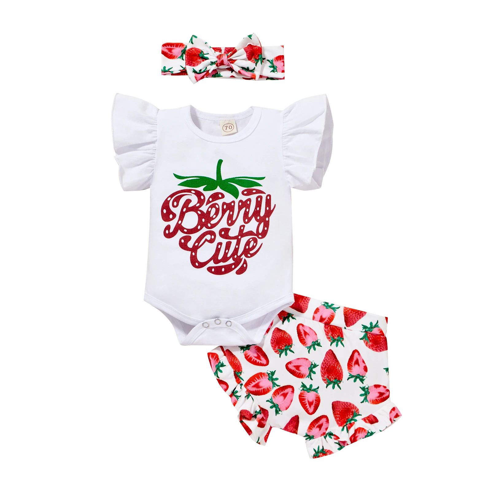 Citgeett Summer Infant Baby Girls Clothes Set Letter Print Flying Sleeve Romper+Strawberry Print Shorts+Bow-knot Headband Baby Clothing Set medium