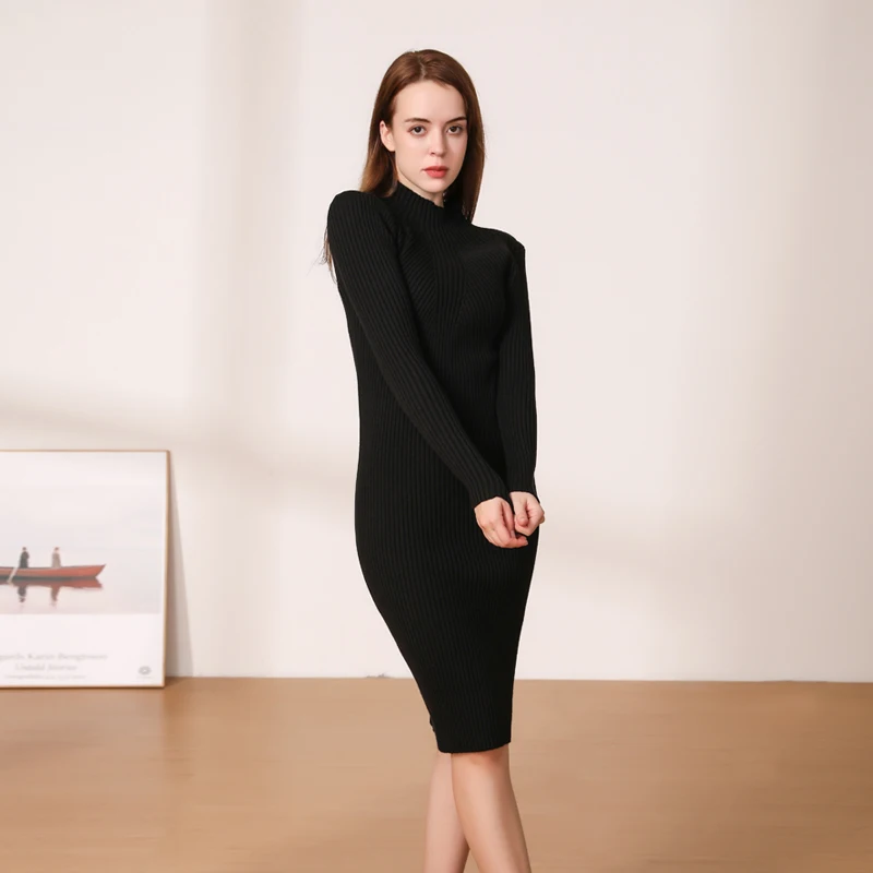 Midi Dress Winter Knitted Sweater Casual Women's Dresses Ladies Clothing Clothes Korean Fashion Robe Elegant Black Tight