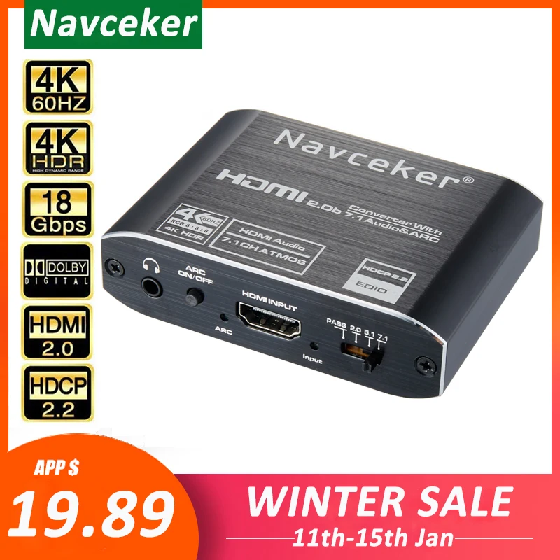 US $22.81 Navceker 4K 60Hz HDMI 20 Audio Extractor 51 ARC HDMI Audio Extractor Splitter HDR HDMI To Audio Switch Optical TOSLINK SPDIF