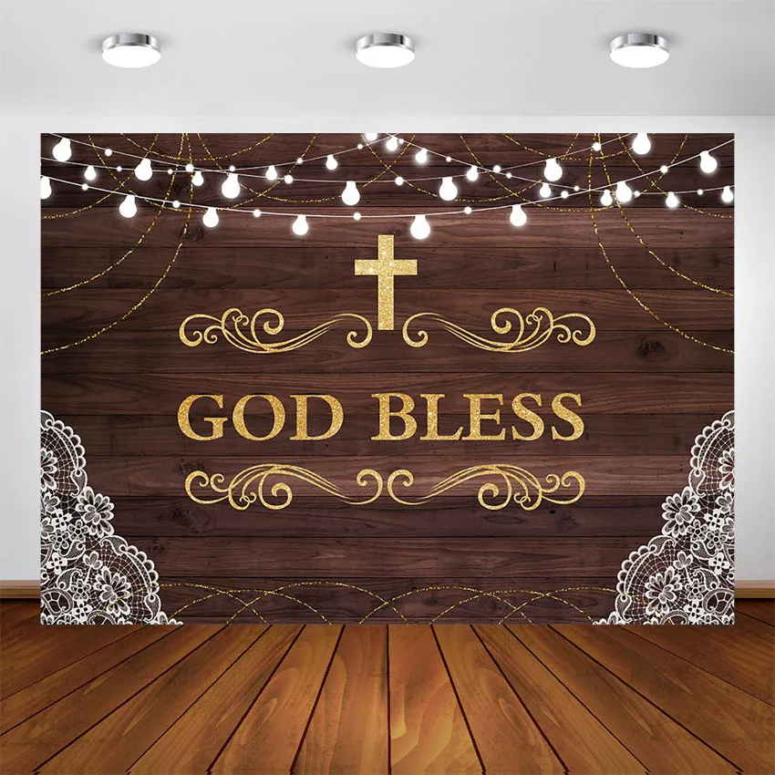God Bless Baptism Backdrop First Holy Communion Party Decorations Christening Ceremony Newborn Baby Shower Banner Rustic Wood White Floral Ribbon Photography Background Decor supplies 71 x 43 Inch 
