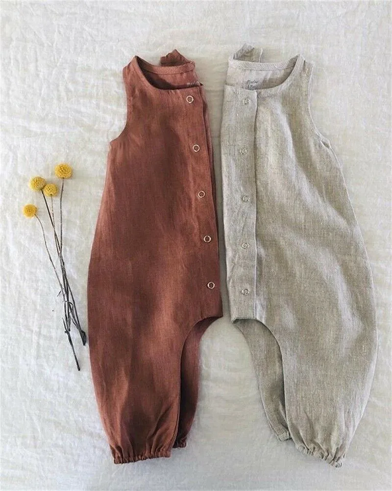 PUDCOCO Cute Kids Newborn Baby Boy Girl Cotton Linen Romper Solid Sleeveless Striped Jumpsuit Outfit Summer Casual Clothes 0-24M