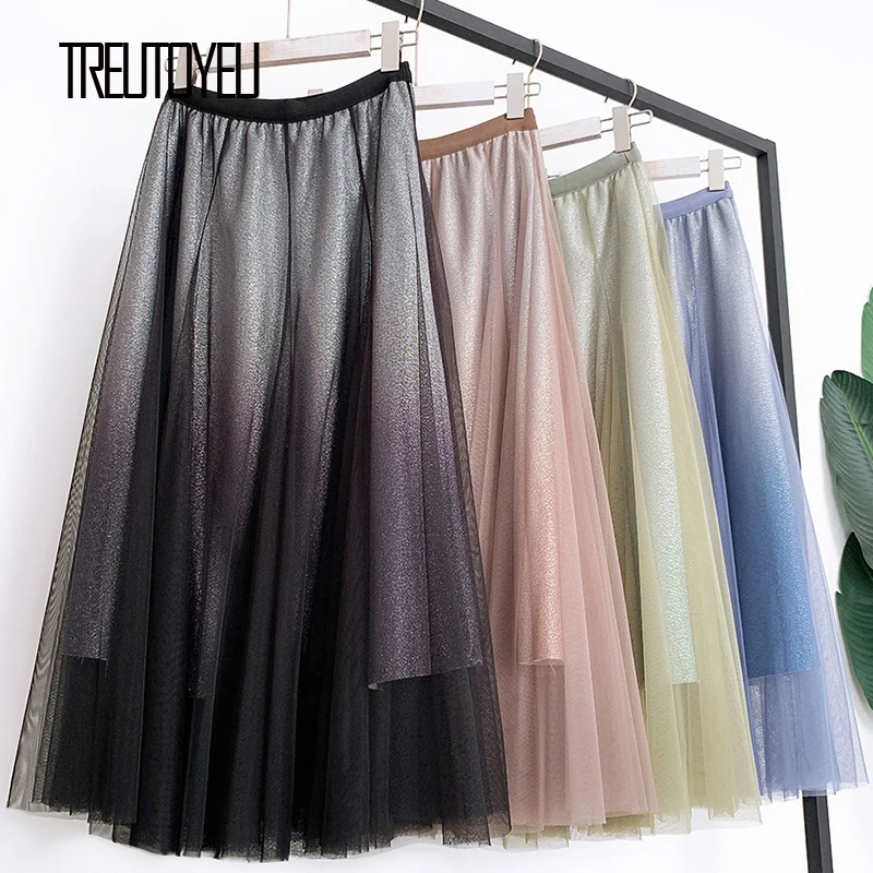 

2020 New Arrival Quality Gradient Color Sparkling Mesh Tulle Skirt Gothic A Line Maxi Long Skirts for Women faldas largas mujer