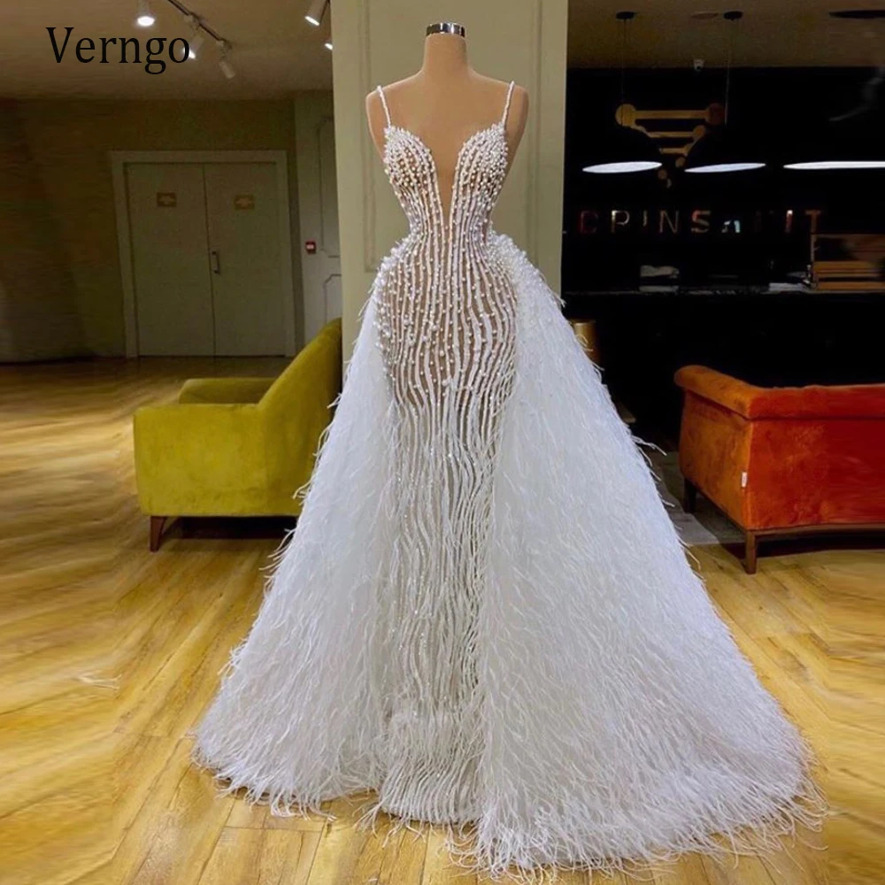 

Verngo Luxury Dubai Wedding Dress Lace Feather Detachable Train Pearls Spaghetti Straps Mermaid Bridal Gowns Custom Made