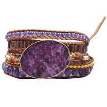 Для женщин кожаные браслеты уникальный смешанные природные камни Позолоченные каменная Подвеска 5 браслет из переплетенных нитей ручной работы браслет в стиле бохо