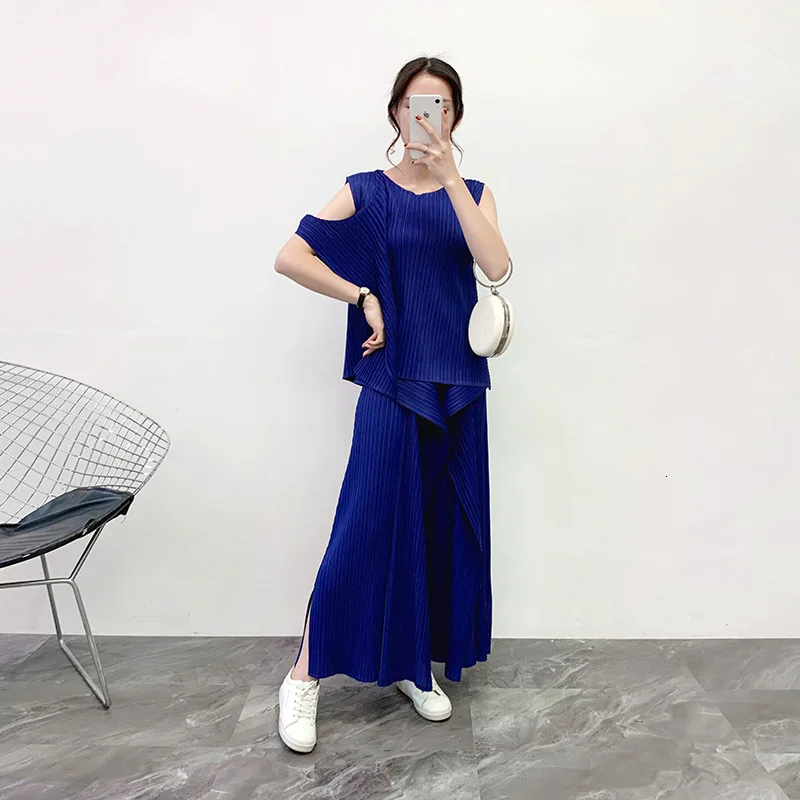 Blue set LAANMREM, модные новые топы без рукавов+ свободные штаны, два предмета, женские штаны, комплект-двойка YH681 - Цвет: Blue set