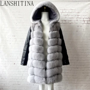 Abrigo de piel de zorro Natural para mujer, chaqueta de piel auténtica con mangas extraíbles y capucha, 2021 Real, nuevo estilo, 100%