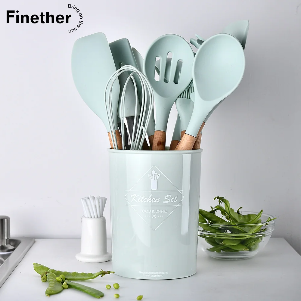 

Finether 11/12pcs Kitchen Utensil Set Household Silicone Wooden Cooking Utensil Kitchen Accessories Set Cookware Sets