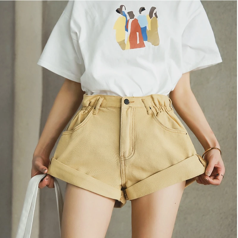Vintage High Waist Crimping Denim Shorts Women Korean Style Casual Shorts Jeans Summer Hot Short Pants Women - Цвет: Бежевый