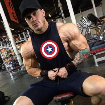 

Captain America Bodybuilding Gym clothing tee tops Sleeveless t shirt mens cotton fitness tank top sports Training Running vest