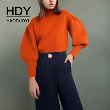 HDY Haoduoyi Осенняя мода тренд Ретро Личность Простой свободный сплошной цвет половина-Высокий воротник фонарь рукав джемпер свитер
