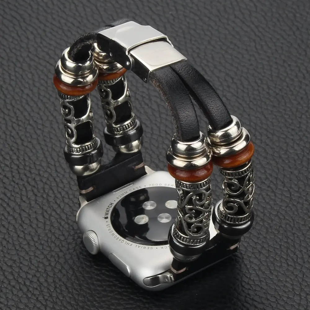 

Stylish Retro Leather Bracelet Band for Apple Watch Series 4 3 2 1 Handmade Bead Metal Strap for iwatch 40/44/38/42mm Wrist Belt