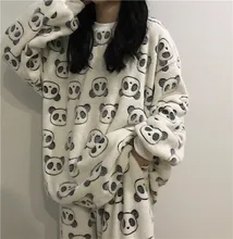 2020 sevimli panda pijama polar pijama kadın sonbahar ve kış pijama pantolon pazen ev giyim iki parçalı takım elbise