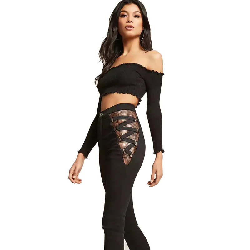 Skinny Pencil Pants Women Bandage Netted Skinny Pants WoMen Fashion Slim Cotton High Quality Denim Pencil Pants