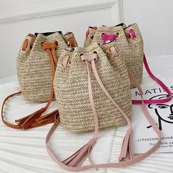 

Women Casual Tassels Drawstring Straw Woven Bucket Bag Crossbody Shoulder Pouch