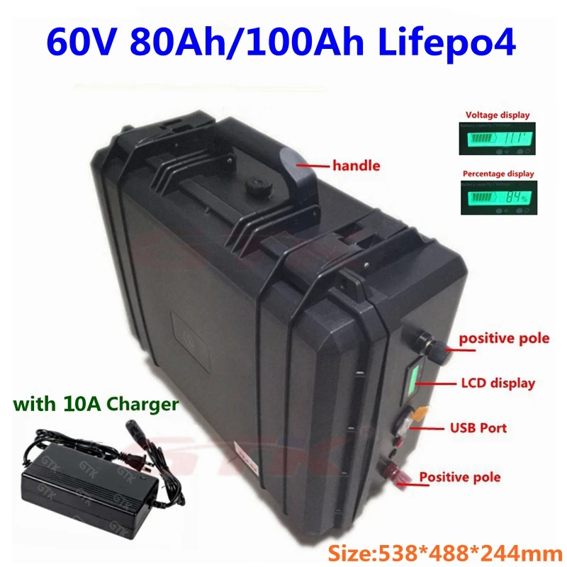 

GTK Lifepo4 60V 80Ah 100Ah lithium battery pack with BMS for E-motor golf trolley solar system home energy storage+10A Charger