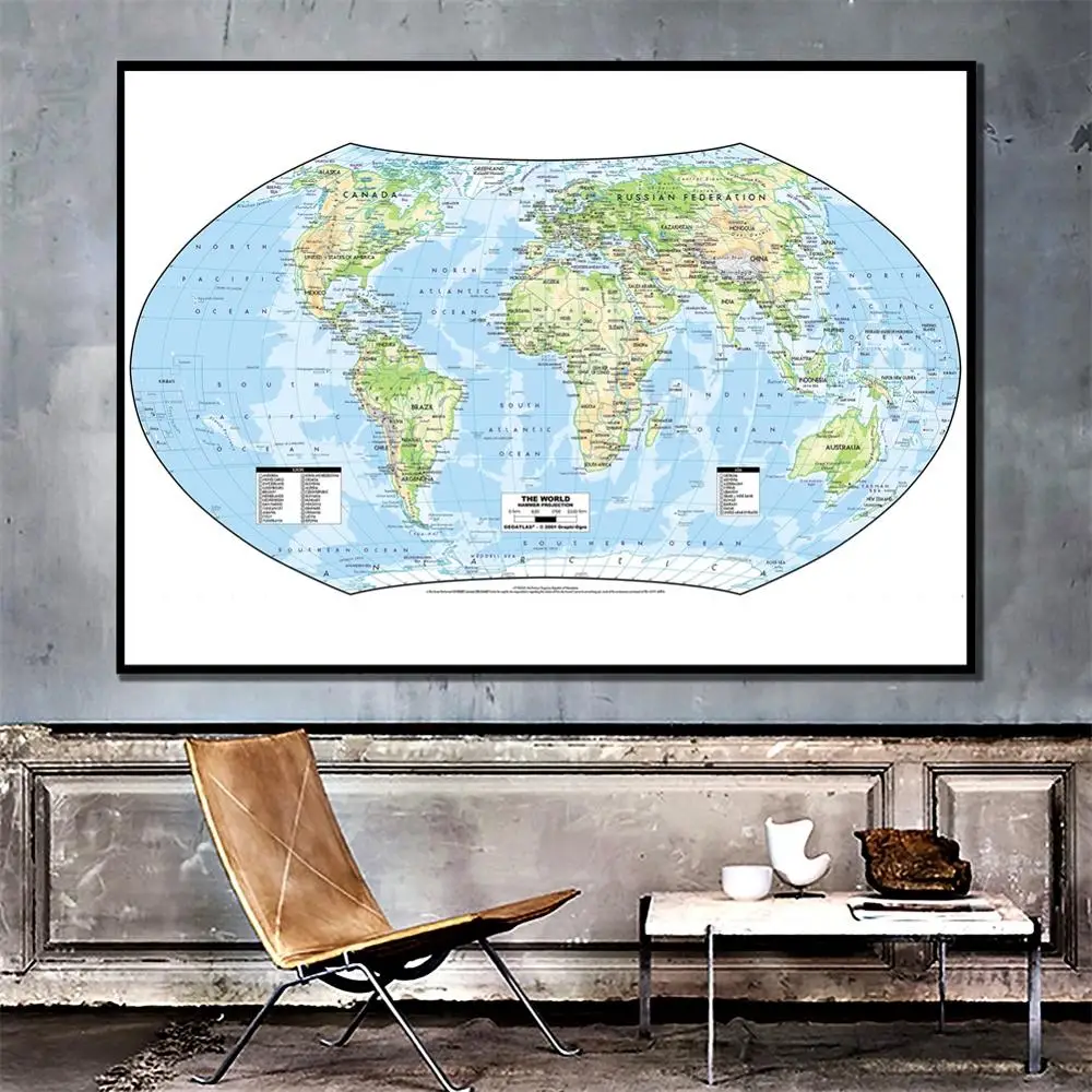 

24x48 inches The World Hammer Projection World Physical Map HD World Map For Study/Education And Wall Decoration