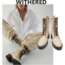 

Dave&Di botas mujer shoes women england high street vintage bandage cowhide Motorcycle Martin boots women winter shoes woman