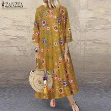 ZANZEA женское богемное платье, женское винтажное длинное платье с цветочным принтом, Повседневное платье с круглым вырезом и карманами