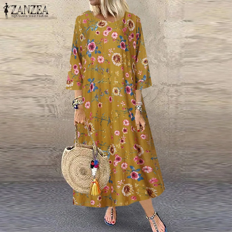 

ZANZEA Women Bohemian Dress 2019 Female Vintage Floral Print Long Vestidos Lady Casual O Neck Pockets Maxi Dresses Robe Femme