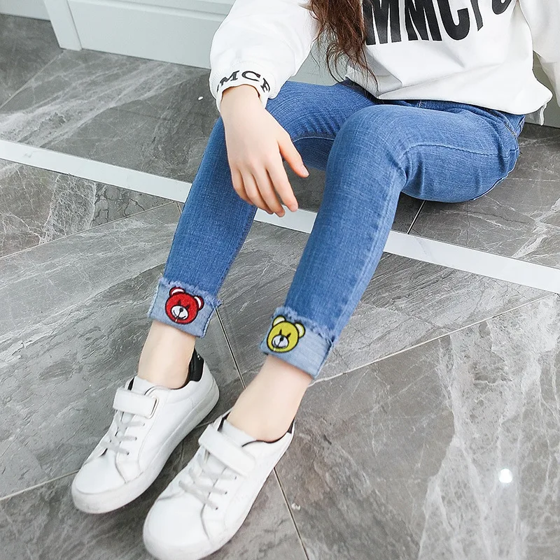 

19 Spring And Autumn New Style Big Virgin Girls Bear Cowboy Trousers Children Solid Color Jeans Korean-style Slimming Skinny Pan
