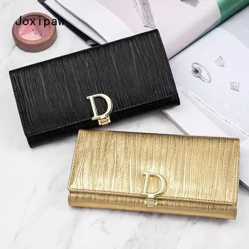 

2020 Women Fashion D Buckle Wallet Long Leather Card Holder Striped Wallet Simple Clutch Bag Female Card Holder