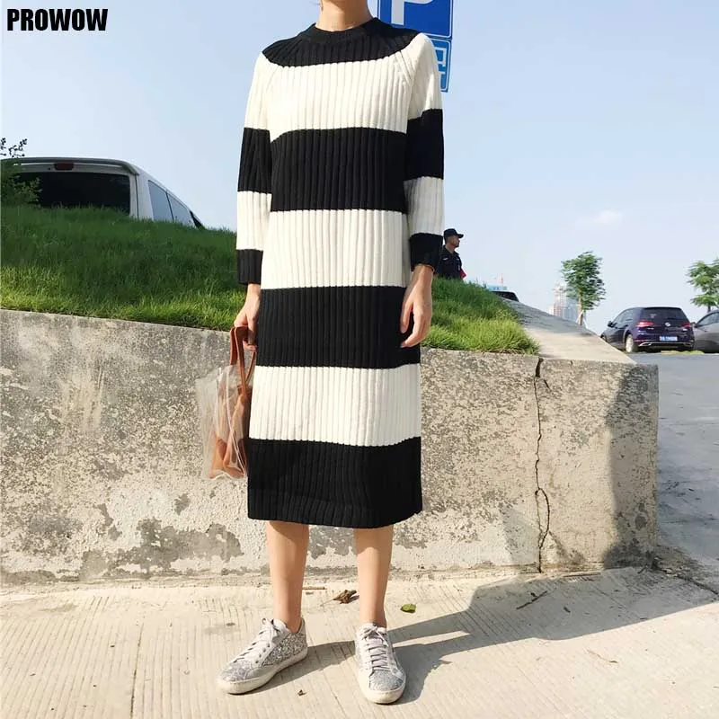 

Woman One-Piece Knitted Sweater Dress 2020 Autumn And Winter Women'S Long Sleeve Stripe Dress Vintage Korean Loose Dress Sweater