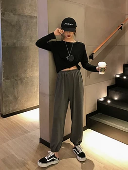 

2020 Spring And Summer New Loose Bottoms Sports Pants Women High Waist Solid Color Closure Casual Harlan Ins Women Pants