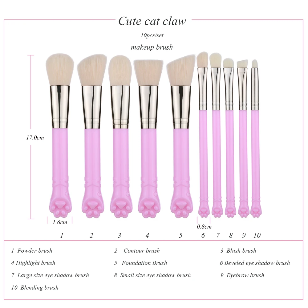 FLD 10 шт./компл. милые кошачьи когти набор кистей для макияжа румян, кисть для нанесения основы под макияж, кисть для нанесения теней для век комплект профессиональный косметический женский набор инструментов