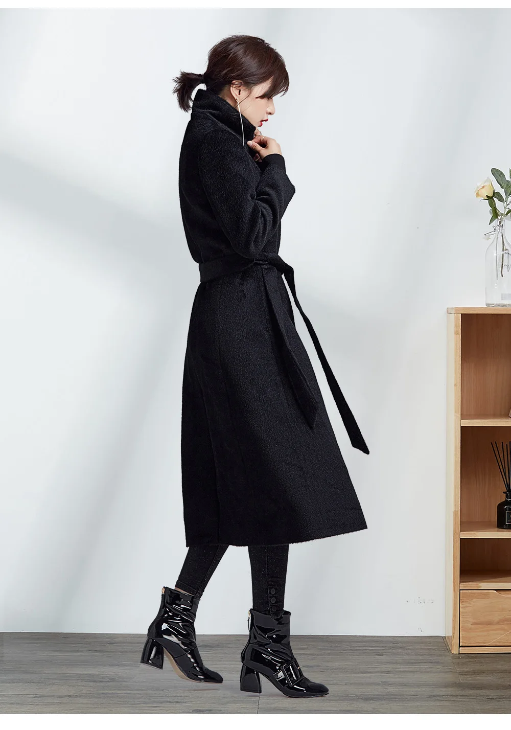 Высокое качество, кашемировое пальто из альпаки, черная шерстяная куртка с регулируемой талией, шикарный толстый теплый женский плащ