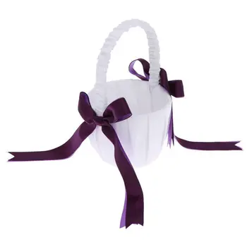 

New Romantic Wedding Satin Flower Basket Cute Small Flower Girl Basket for Wedding Purple + white