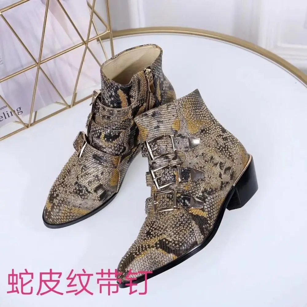 Rivets Real Leather Women Booties Buckle Straps Thick Heel Black Ankle Women Boots Studded Decorated Woman Boots Motorcycle - Цвет: as show