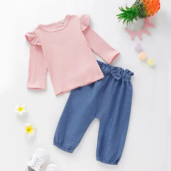 

Baby Rompers Newborn Baby Girl Clothes Toddler Baby Girls Ruffles Solid Tops Bowknot Imitation Jeans Pants Outfits HOOLER
