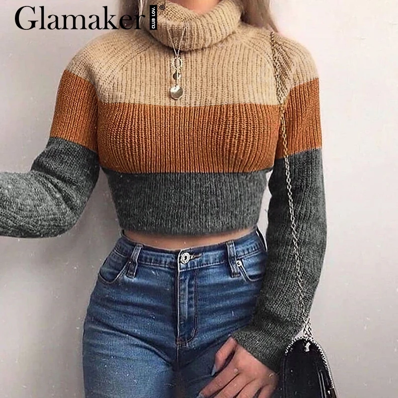 Glamaker, вязаный элегантный короткий свитер с высоким воротом, женский теплый пуловер с длинным рукавом, осенне-зимняя уличная одежда, вечерние, сексуальный свитер