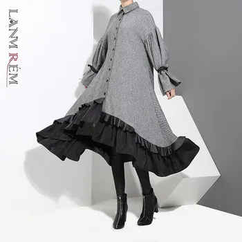

LANMREM 2019 Spring New Pattern Bandage Full Sleeve Stitching Irregular Ruffles Hem Loose Shirt Type Dress Ladies Fashion JD717
